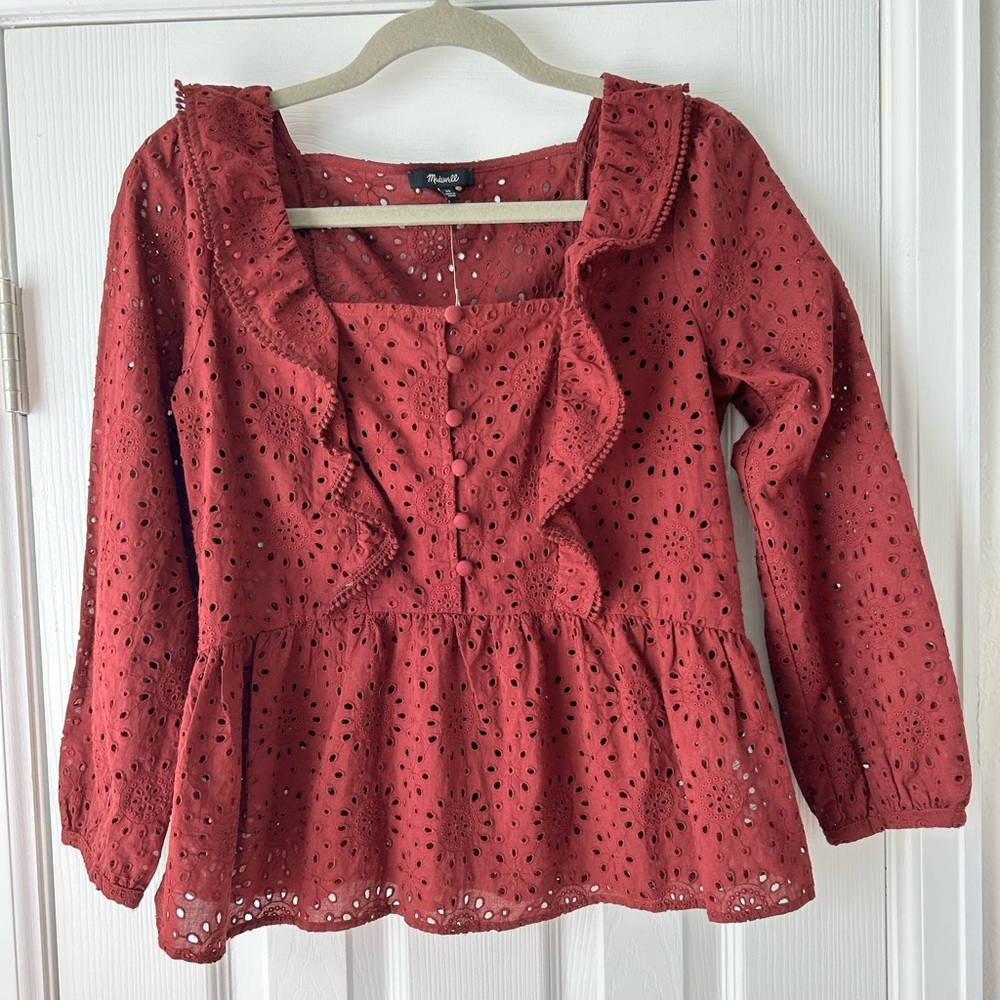 NWT Madewell Eyelet Pom Pom Burgundy Top